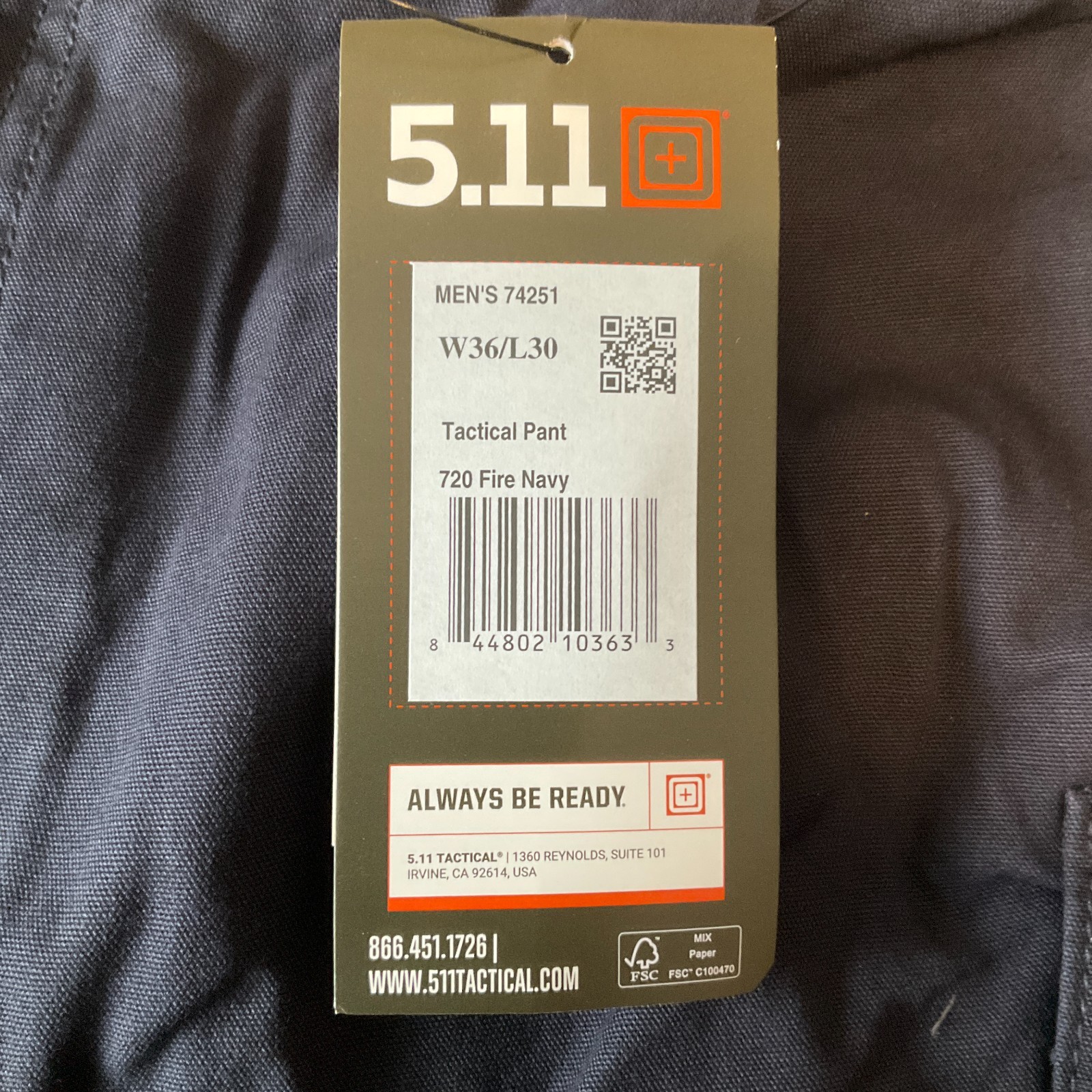 5 11 Tactical Pants Men Size W36 L30 Blue Pockets Adjustable Waist Relaxed 74251