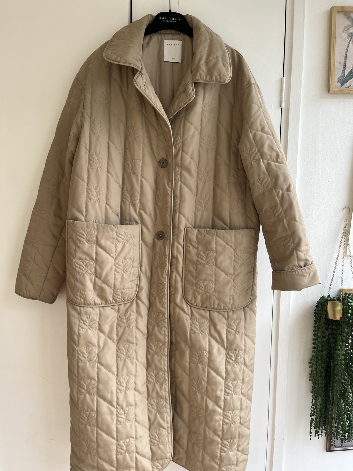 Monogrammed Sandro oversized long quilted coat size 38