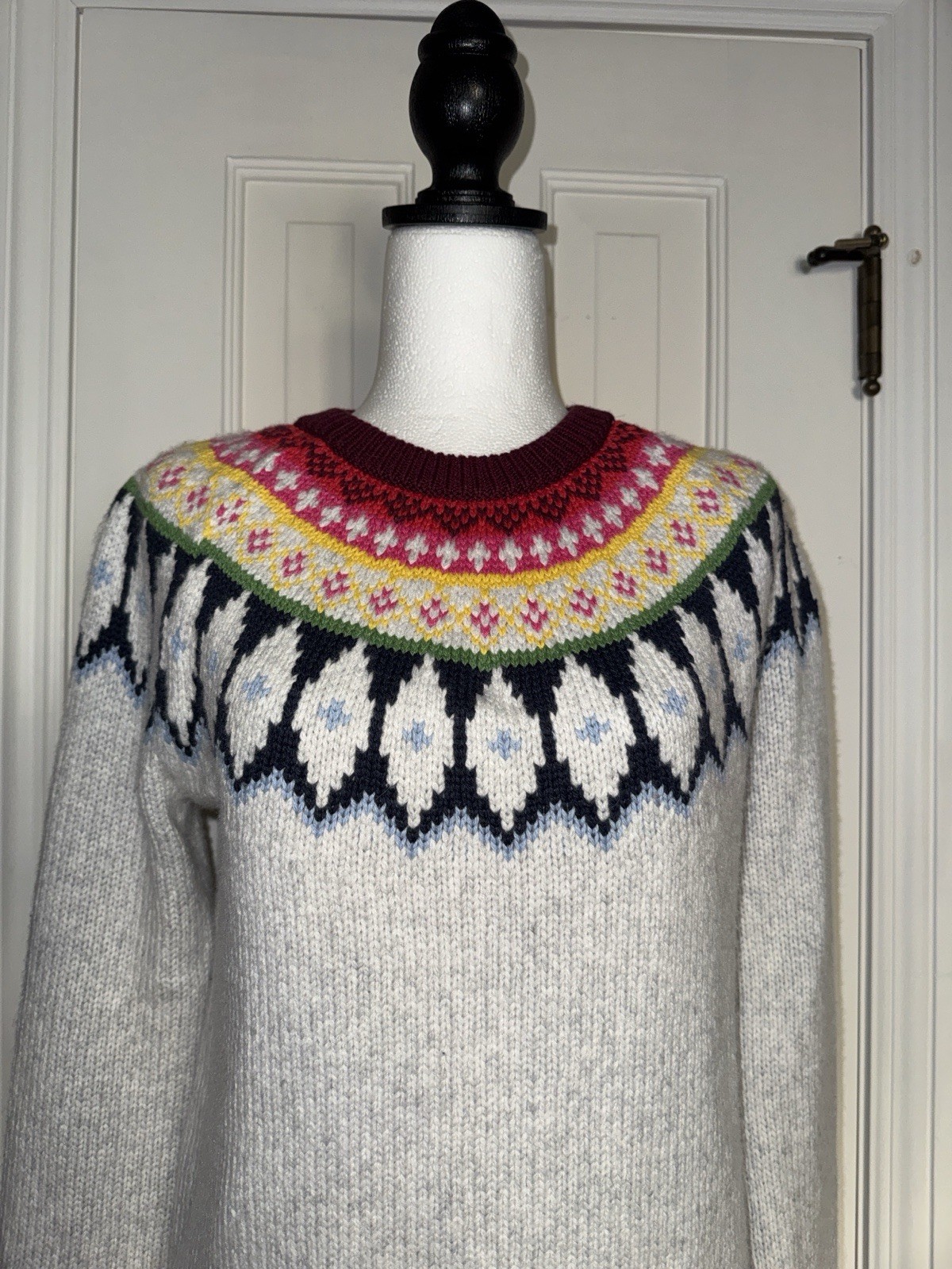 Marine Later Fair Isle Yoke Cream Multi Color Nordic Pattern Crew Pullover