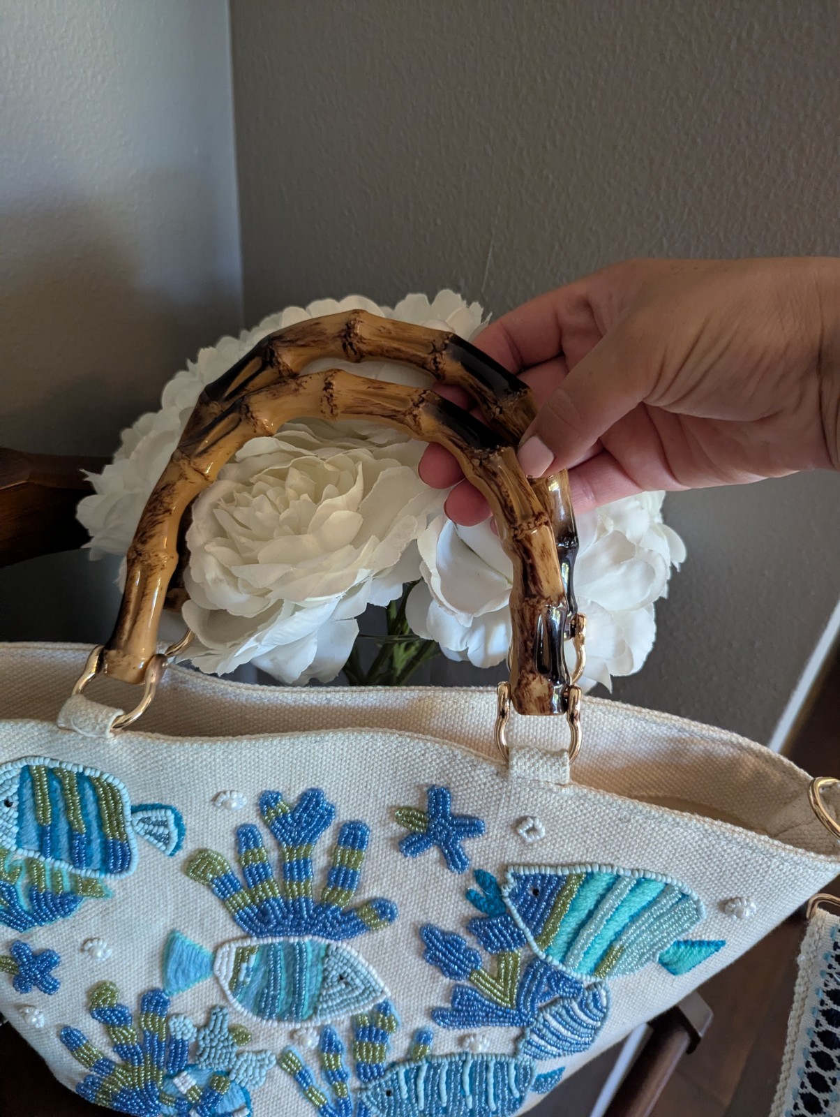 Soleil Mer Fish Embroidered Beaded Top Handle Bag Bamboo, Detachable Strap