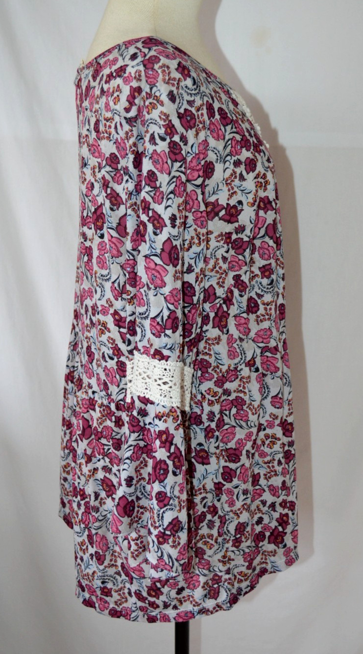 Style & Co Pink Burgundy Floral Print Peasant Top 1X Crochet Inset Bell Sleeves