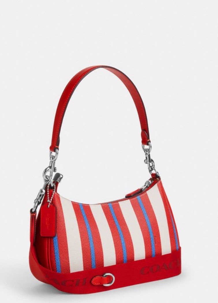 NWT COACH Teri Shoulder Bag Leather Canvas With Stripe In Red (American Print)