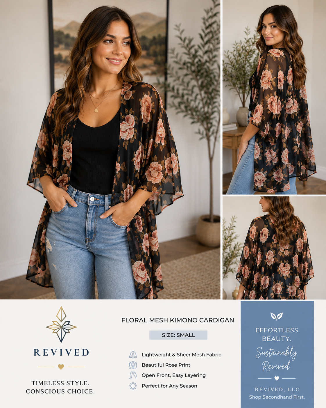 Heart Hips Floral Sheer Kimono Open Front Boho Black Pink Roses (Small)
