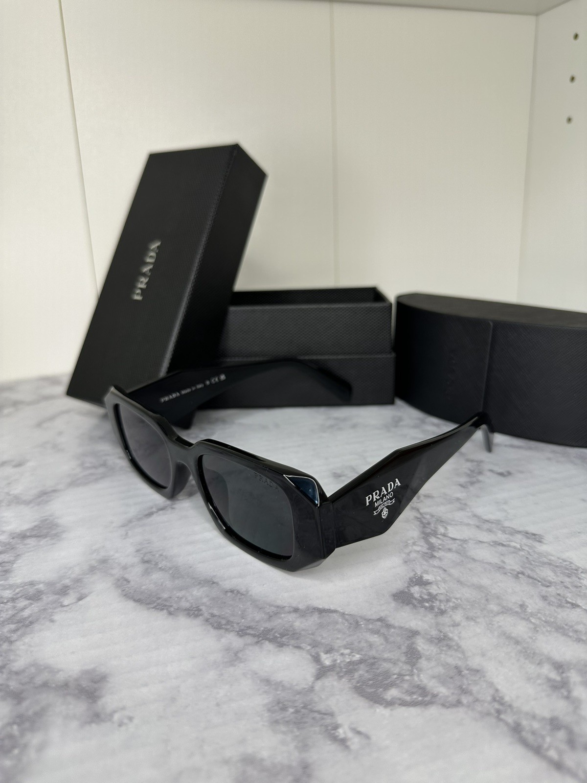 PRADA SPR 17W-F Rectangle Sunglasses Black Frame Gray Tinted Lens