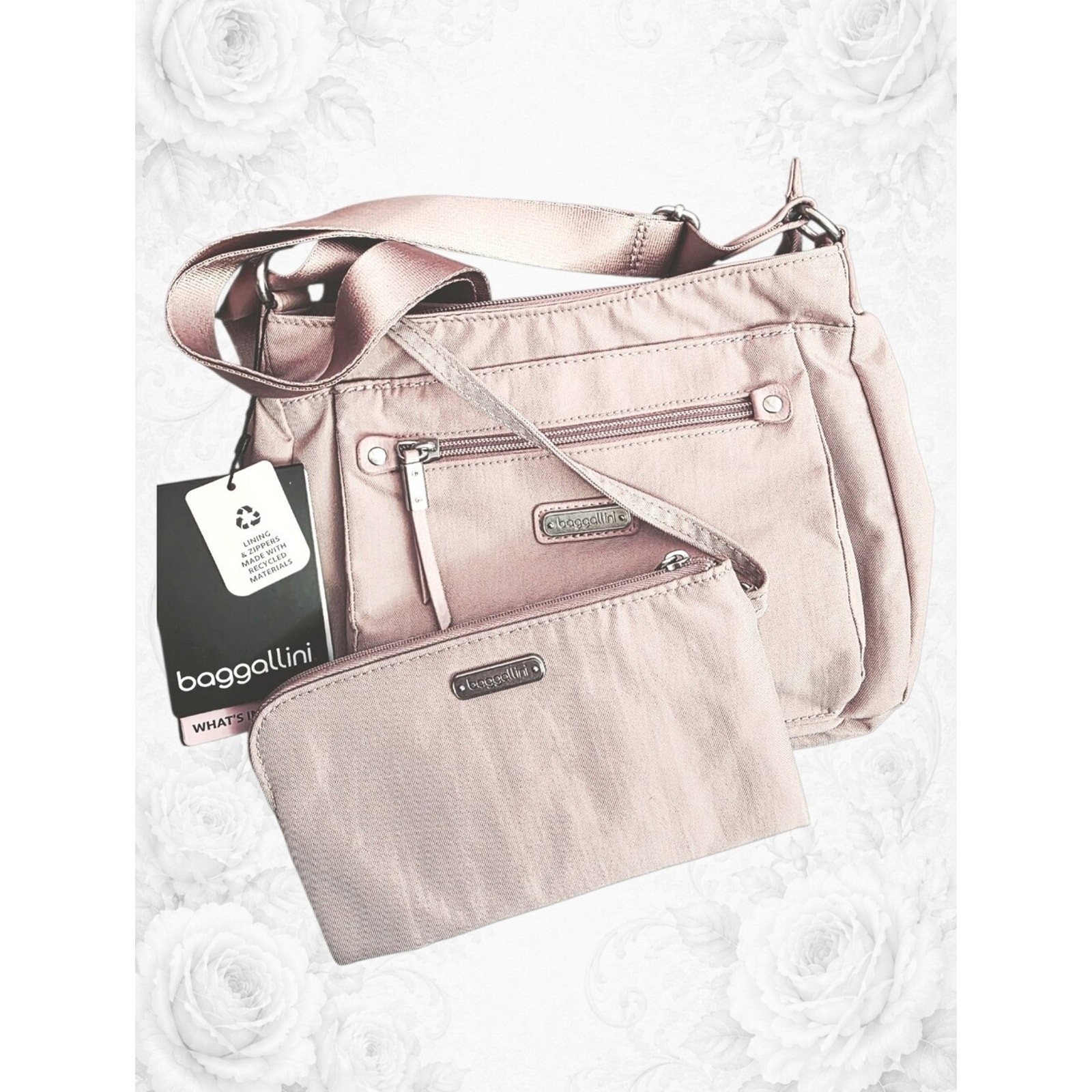 New Baggallini Uptown RFID Crossbody Bag & Wristlet NWT Mauve Pink