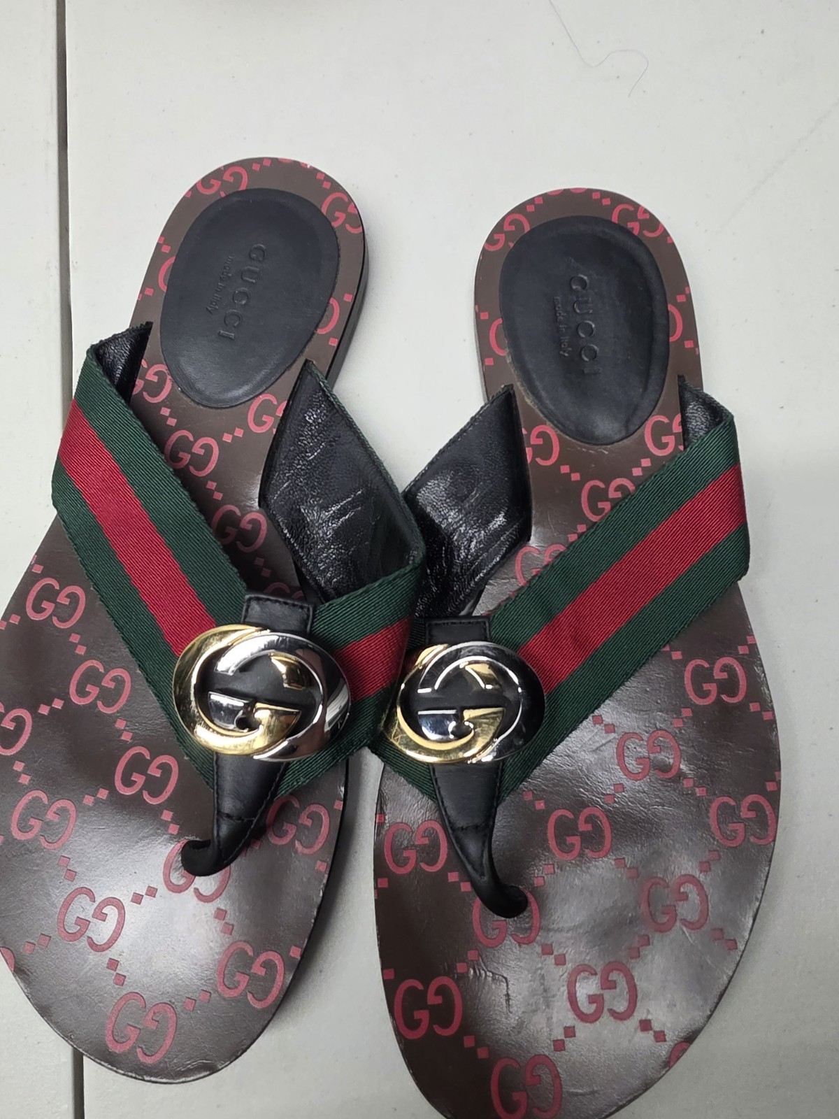 Gucci Web GG Monogram Thong Sandals, Women’s Size36, Brown Green Red, ITALY