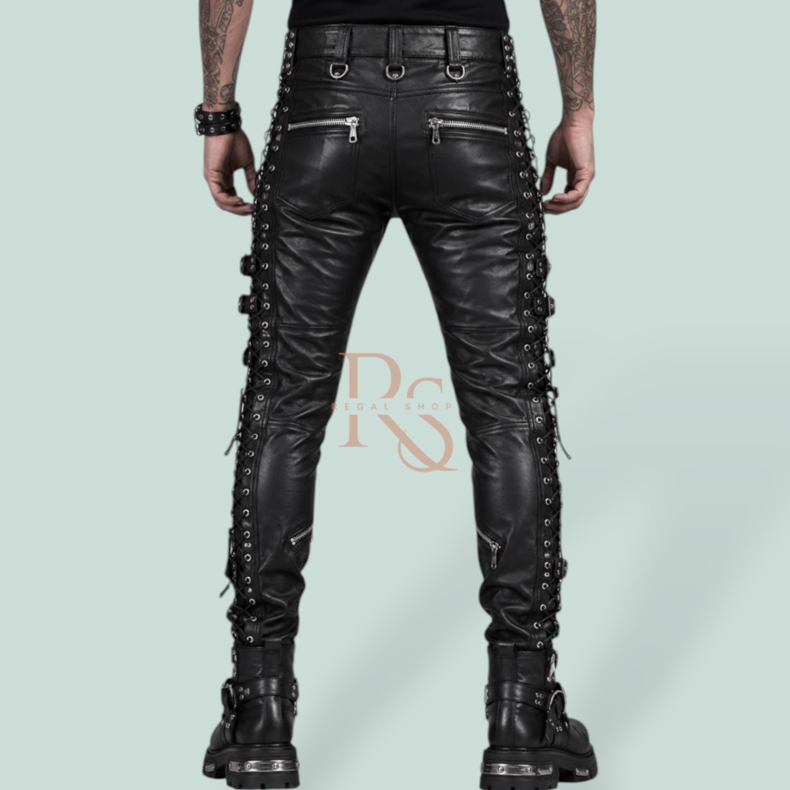 Mens Genuine Lambskin Leather Biker Pants Gothic Punk Zip Buckle Slim Fit Black