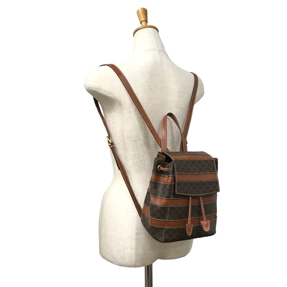 Auth Celine Backpack Macadam Striped Mini Brown Drawstring Women’s PVC Leather