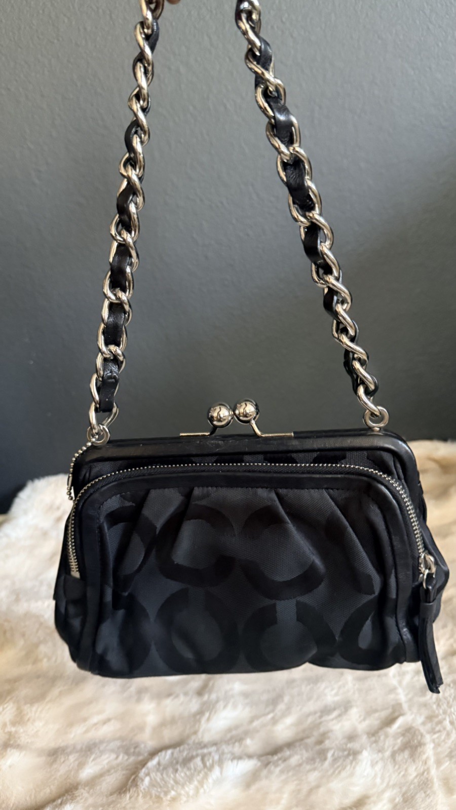 COACH Parker Double Zip Kisslock Black Jacquard Silver Chain Bag Purse 13623