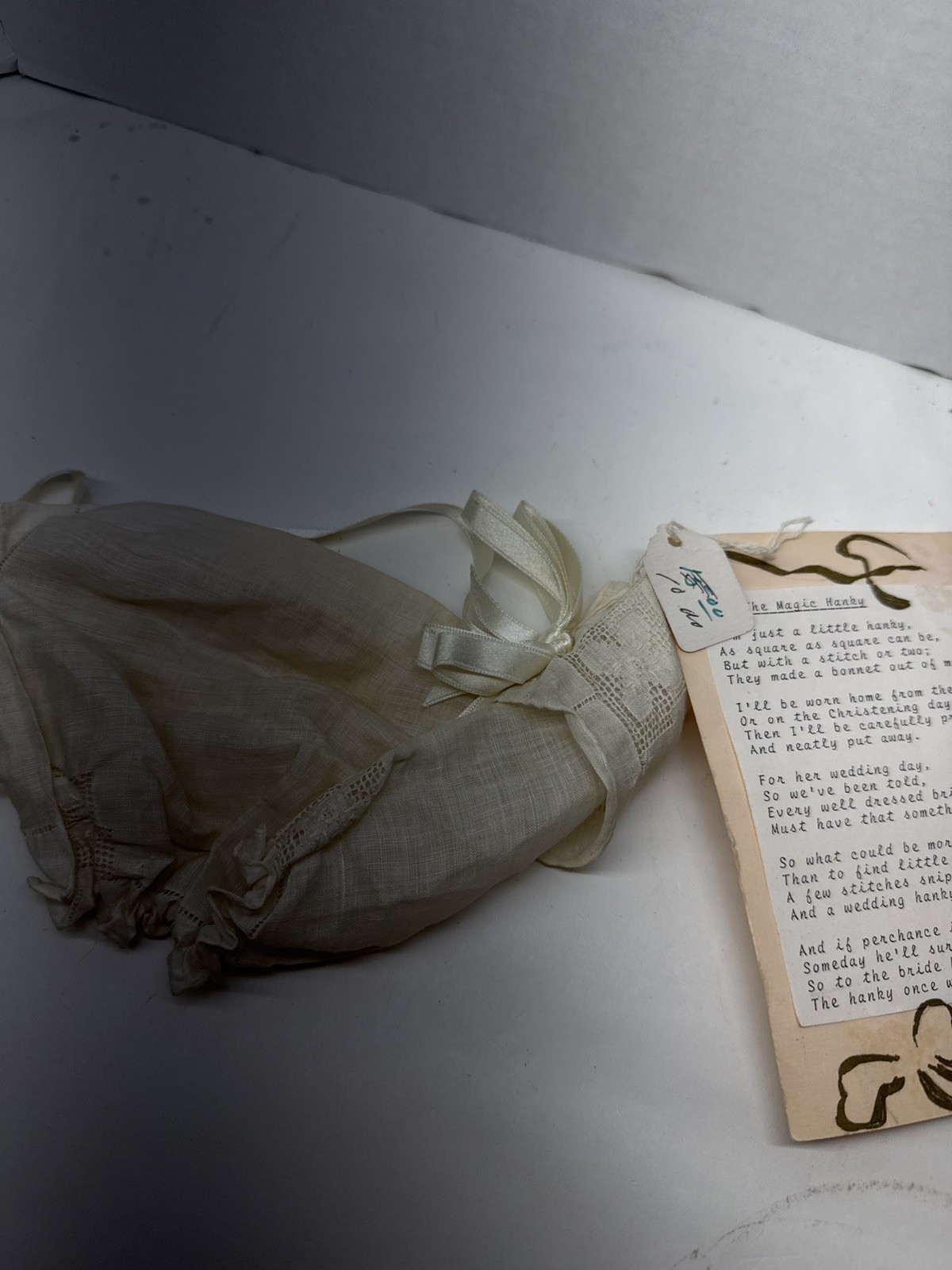 Vintage Baby Christening Bonnet Magic Hanky Wedding Heirloom Linen Lace