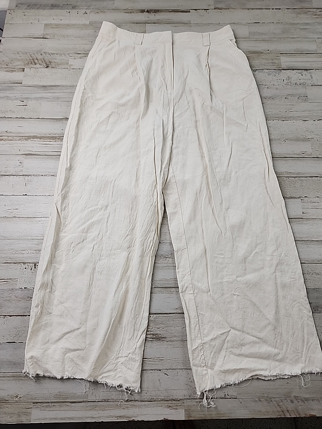 lioness linen Pants Size Medium Wide Leg Cream Fray Fringe langenlook Button Zip