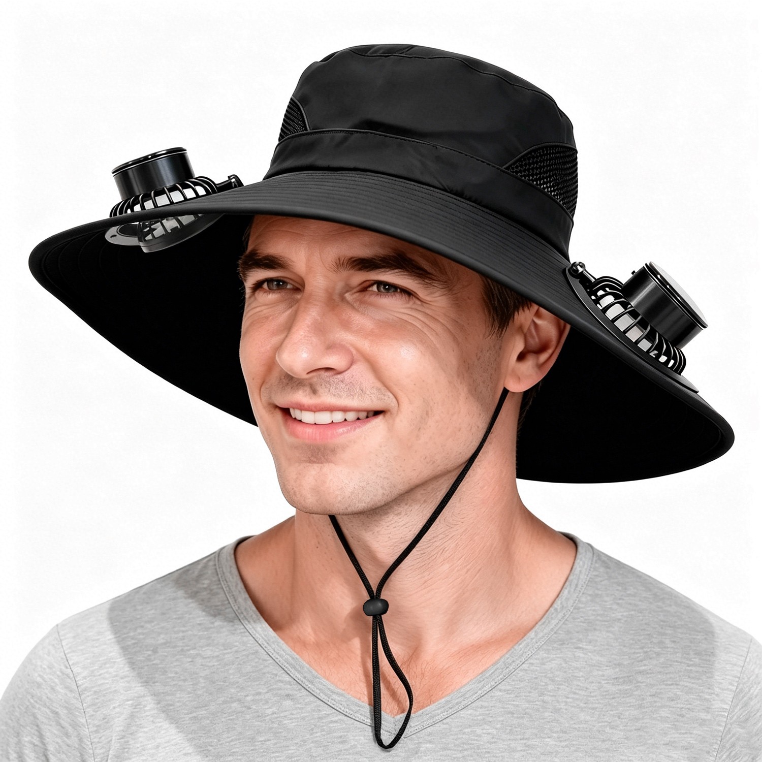 Solar Powered Wide Brim Fan Hat W/ 2 Fans UPF 50+ Outdoor Fishing Beach Sun Hat