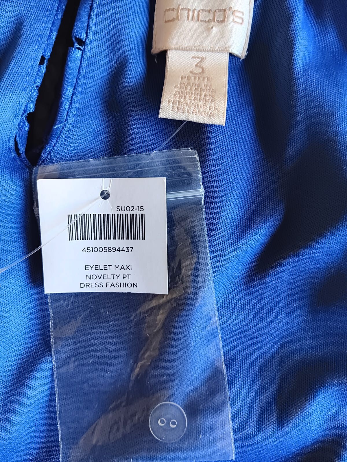 New Chico’s Maxi Blue Sleeveless Dress SIZE 3 Petite Eyelet Pattern