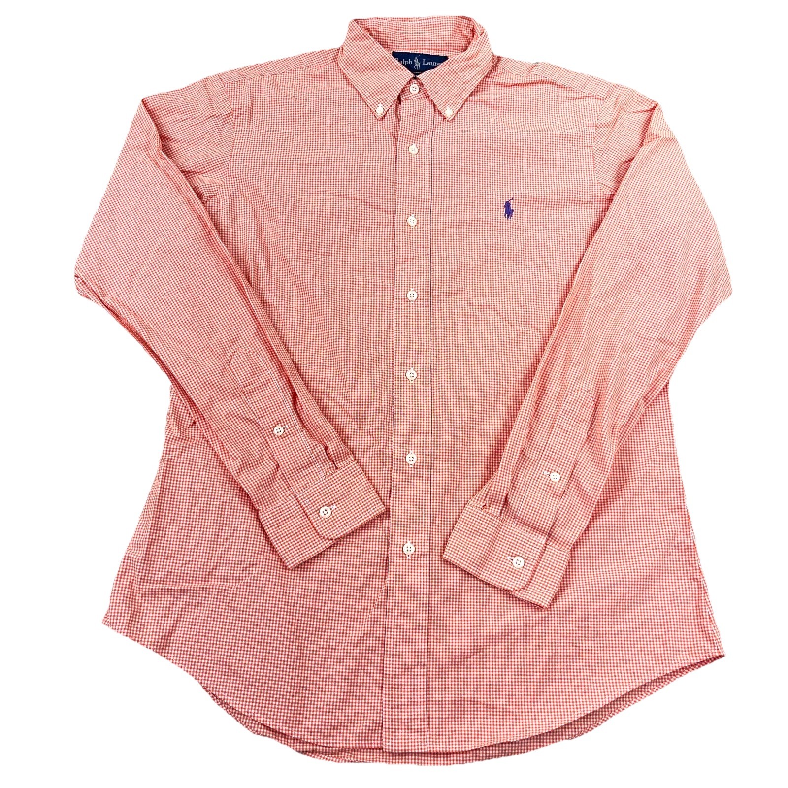 Ralph Lauren Shirt Men Medium Orange Button Up Custom Fit Gingham Poplin Dress
