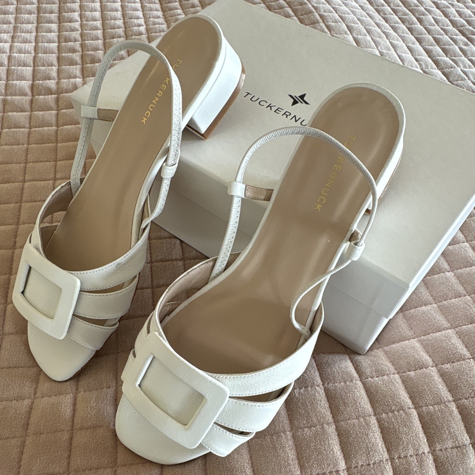 Tuckernuck Women’s White Leather Strappy Buckle Open Toe Block Heel, 10