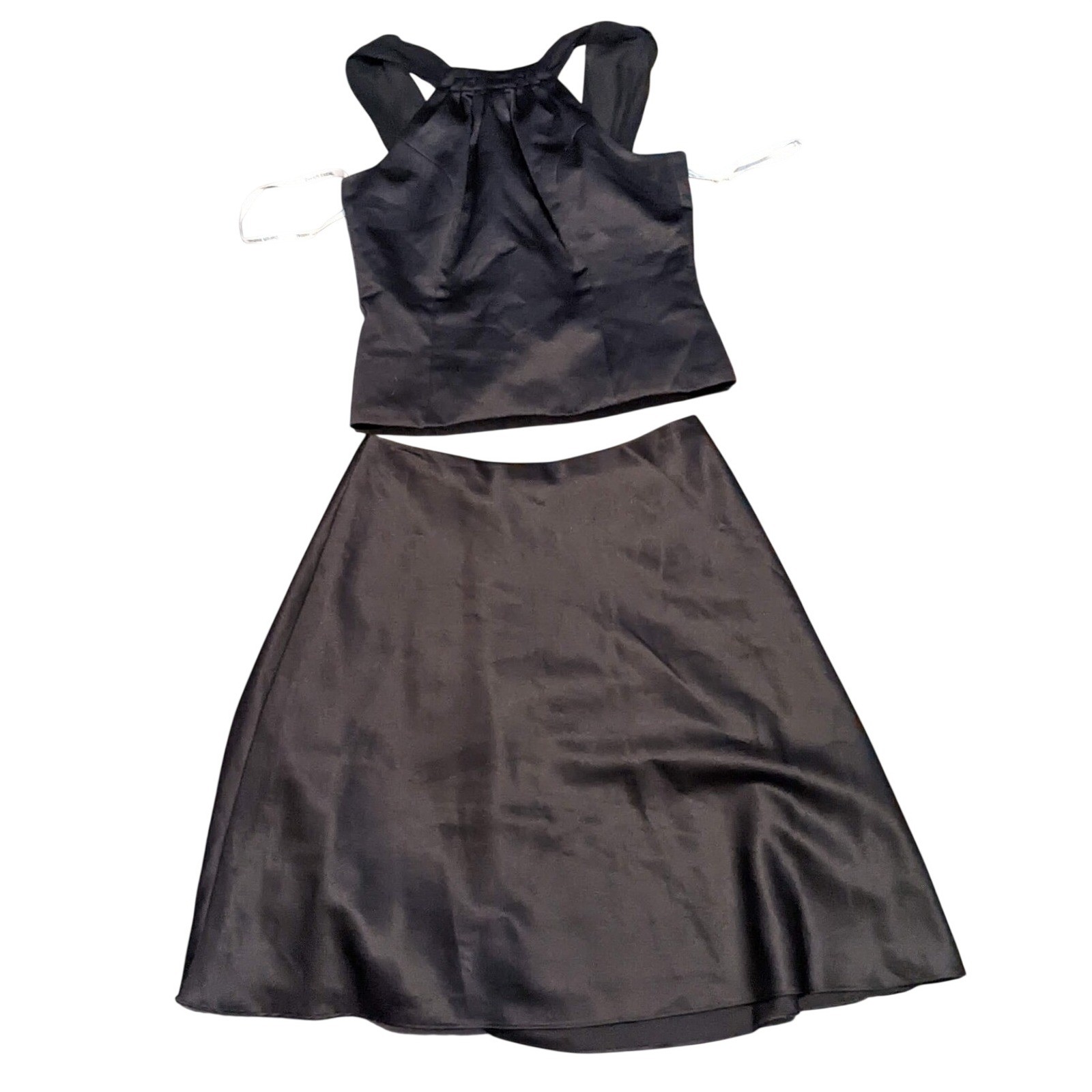 David’s Bridal Black Satin 2 Piece Set Halter Crop Top A-Line Skirt Size 10