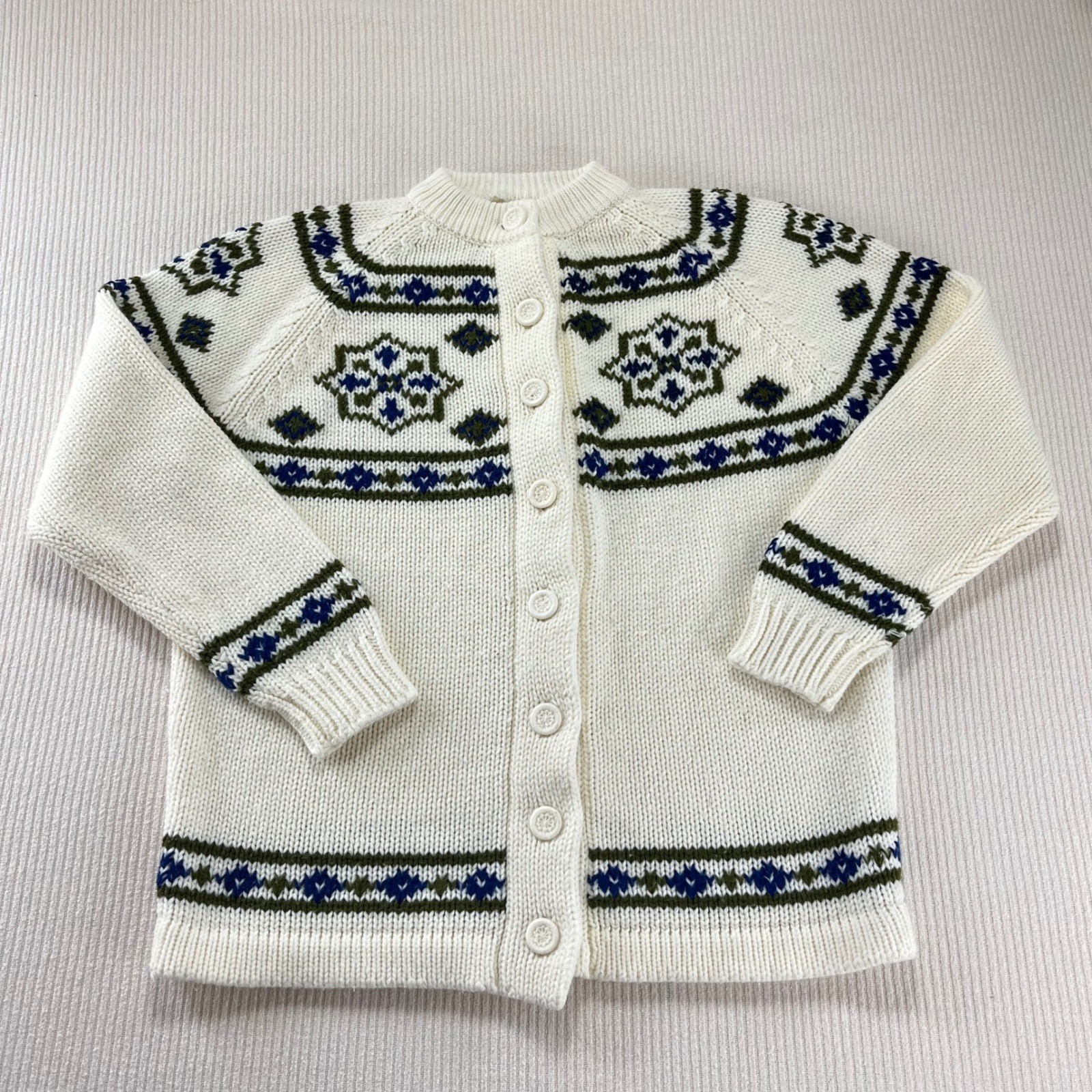Kimlon Vintage Geometric Fair Isle Cardigan Sweater Cream Blue Green Women Knit