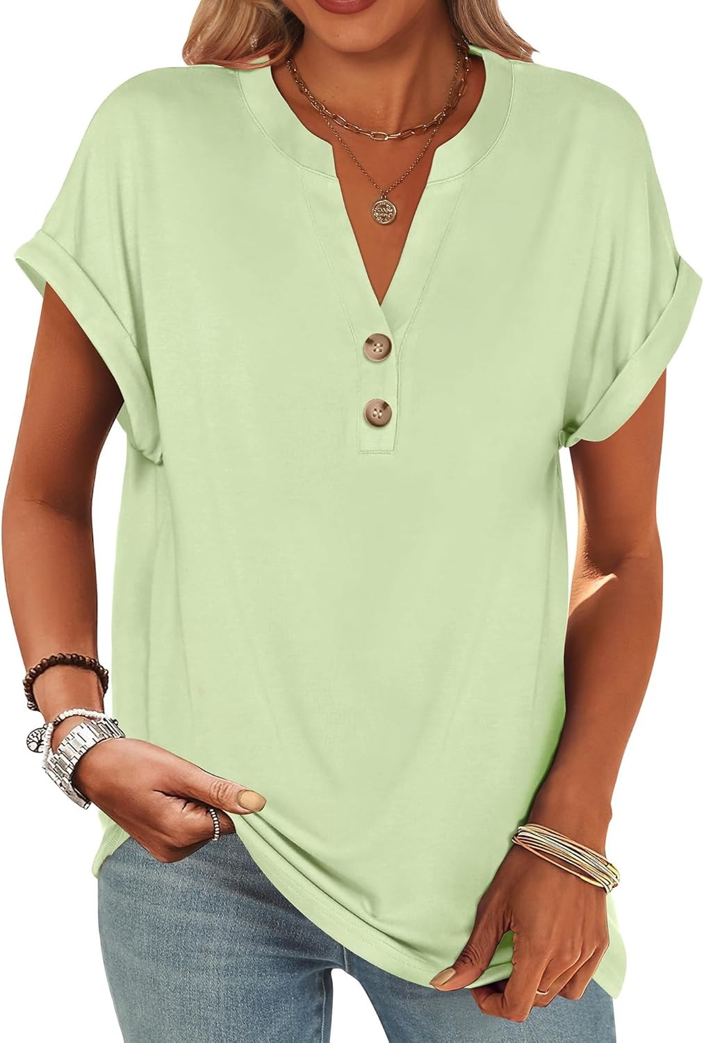 Womens Henley V Neck Short Sleeve Loose Fit Casual Summer Tunic Blouse Top
