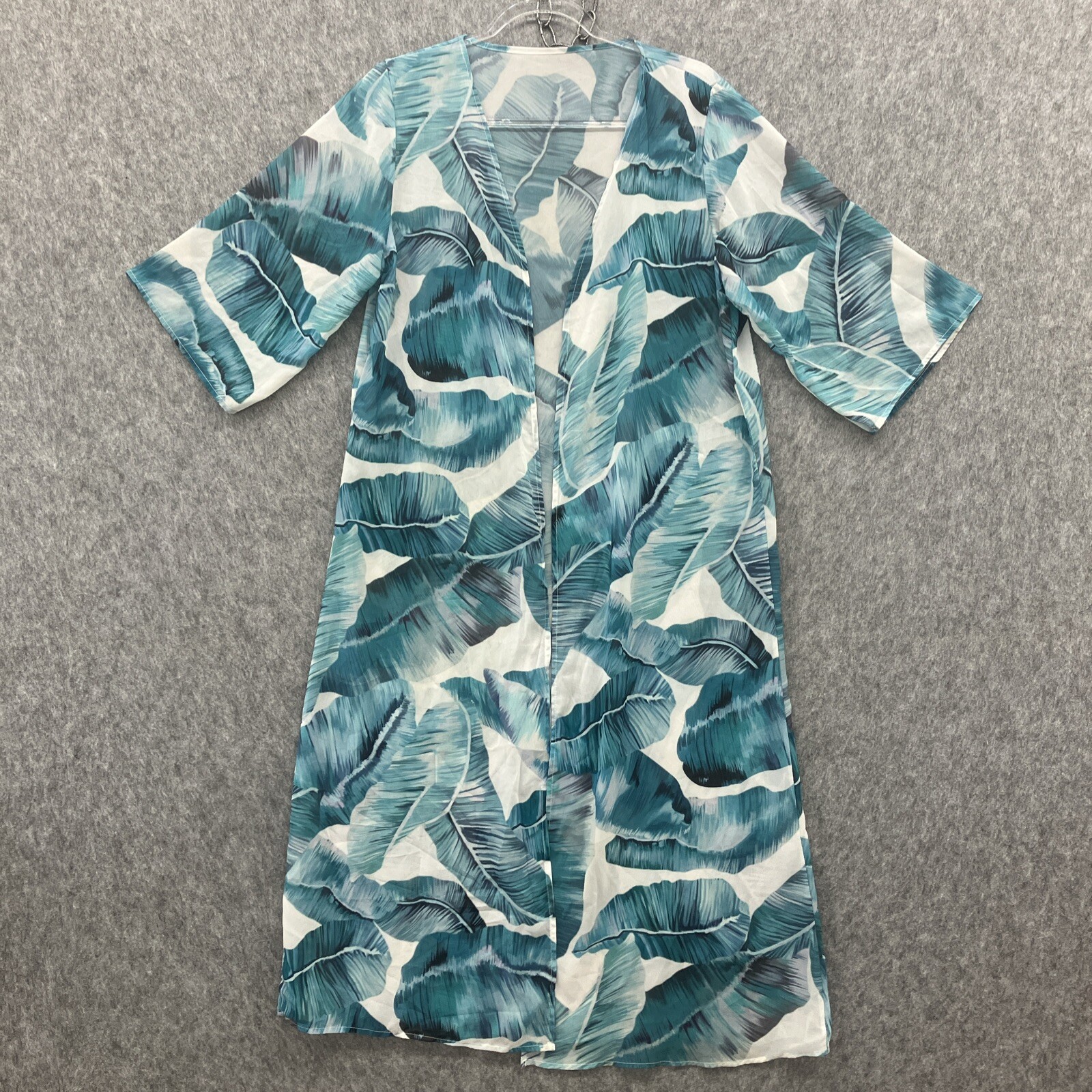 Beachy Tropical Sheer Kimono Topper Coverup Womens Large White Aqua Midi Length
