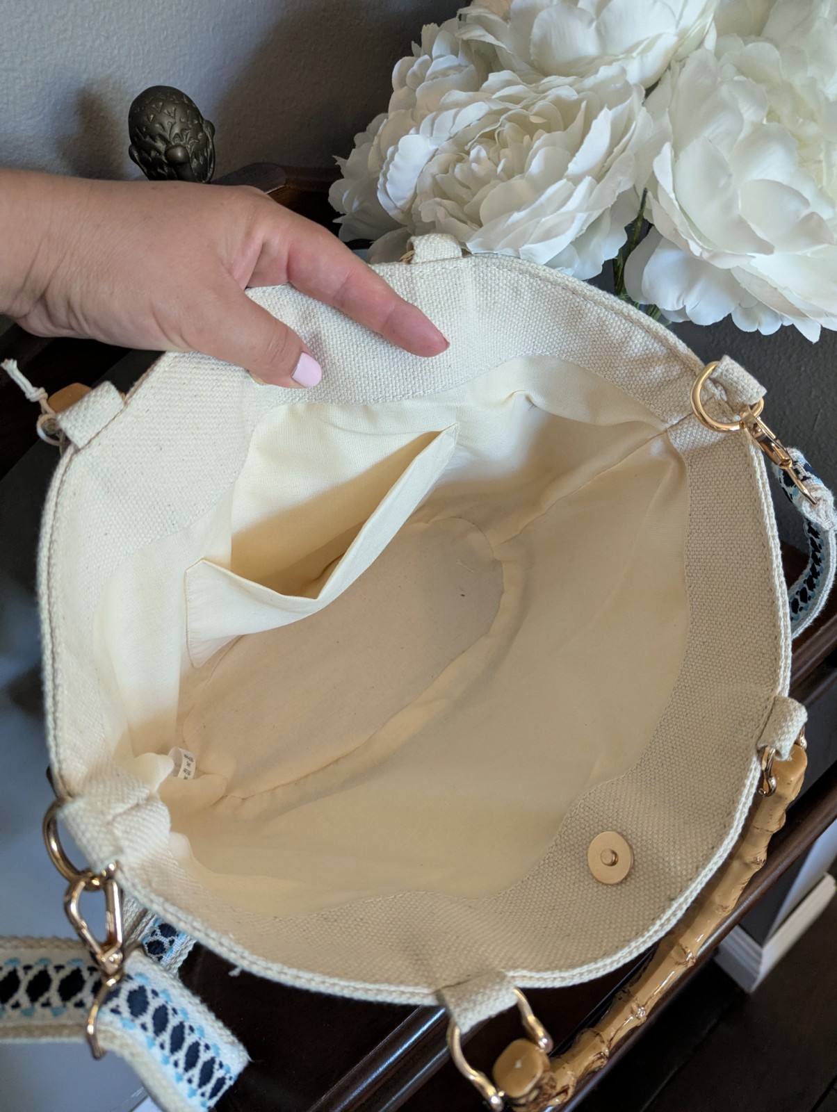 Soleil Mer Fish Embroidered Beaded Top Handle Bag Bamboo, Detachable Strap
