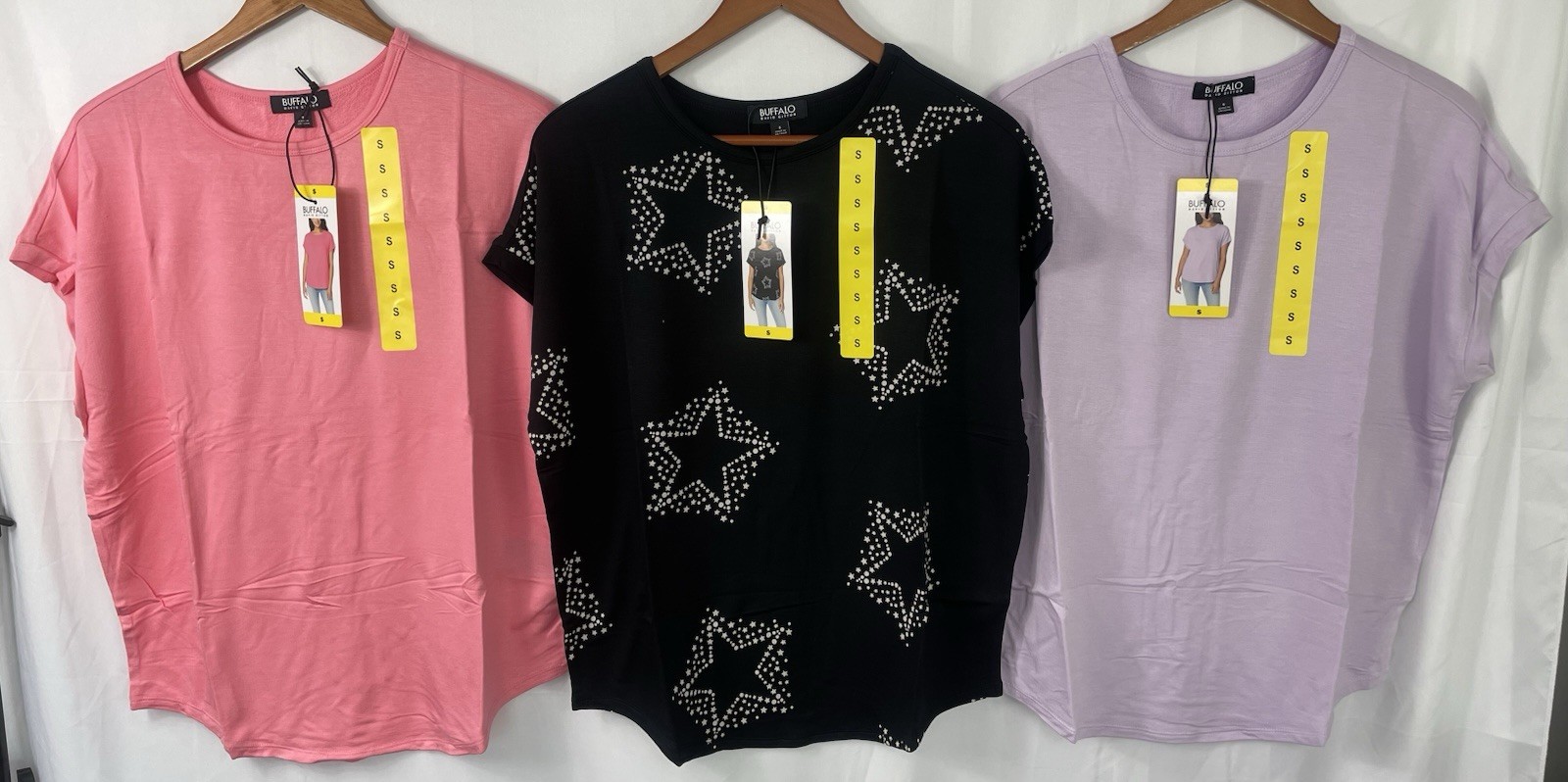Buffalo Ladies French Terry Short Sleeve Top Pick Size Pink, Black or Lilac NWT