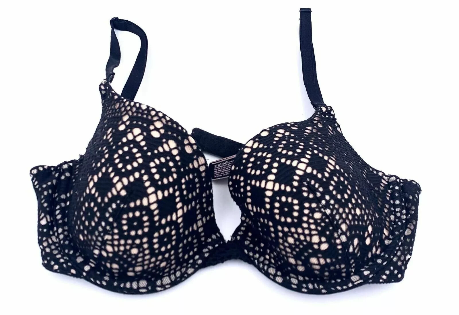 Victoria’s Secret Lined Demi Bra 32D Black Lace Nude Underwire Pattern Lace Like