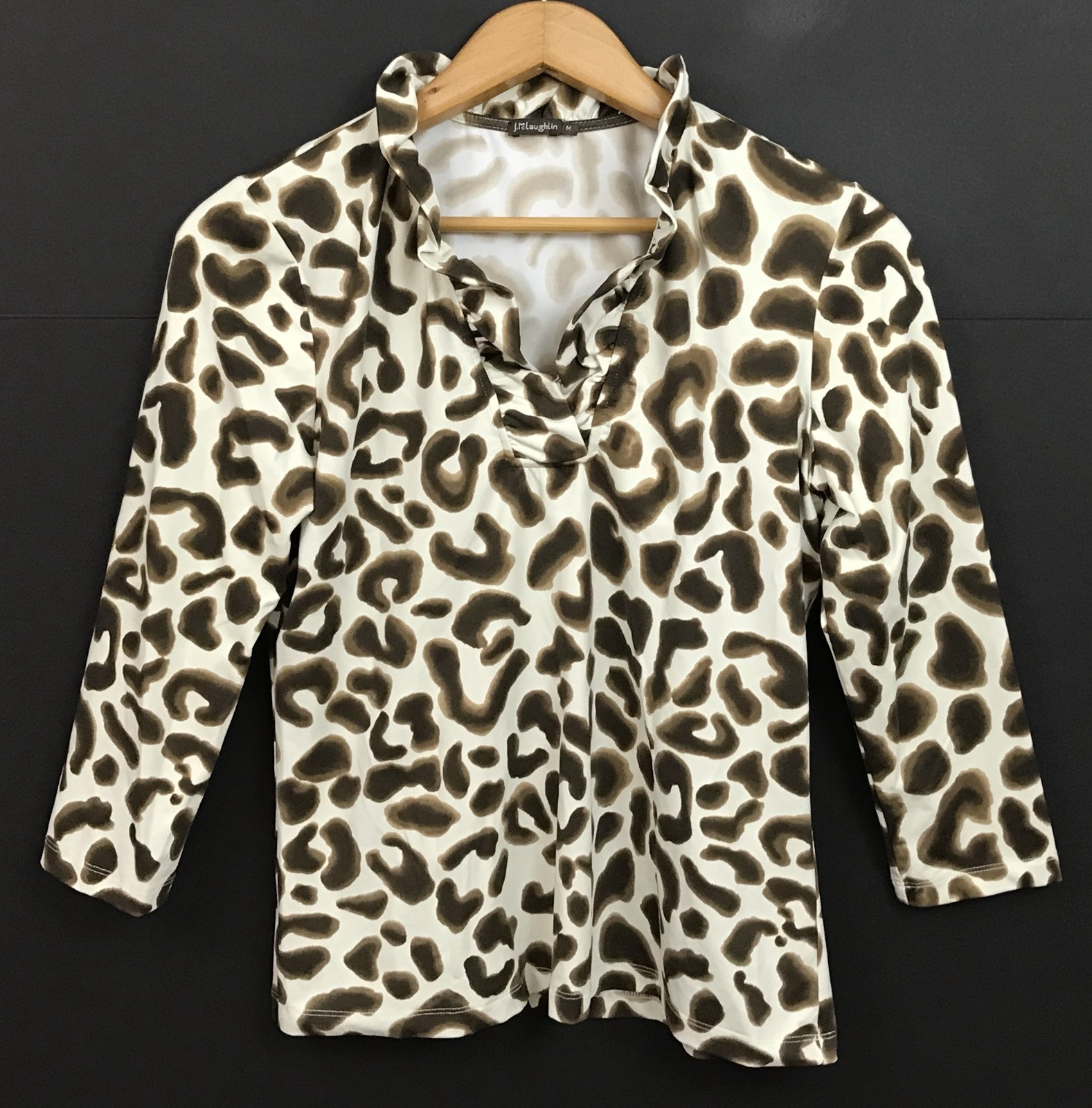 J. McLaughlin Durham Ruffle Collar Catalina Cloth Top Brown Animal Print Size M