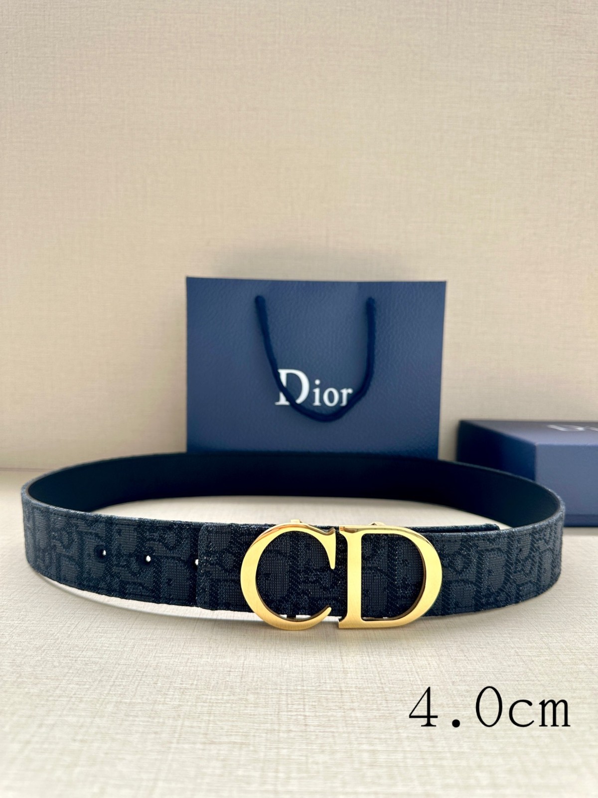 Dior Oblique Jacquard Black Calfskin Canvas Reversible Belt Gold CD 4.0CM