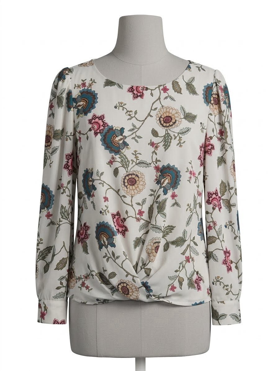 Vince Camuto Women’s Floral Print Long Sleeve High Low Gather Hem Blouse Size L