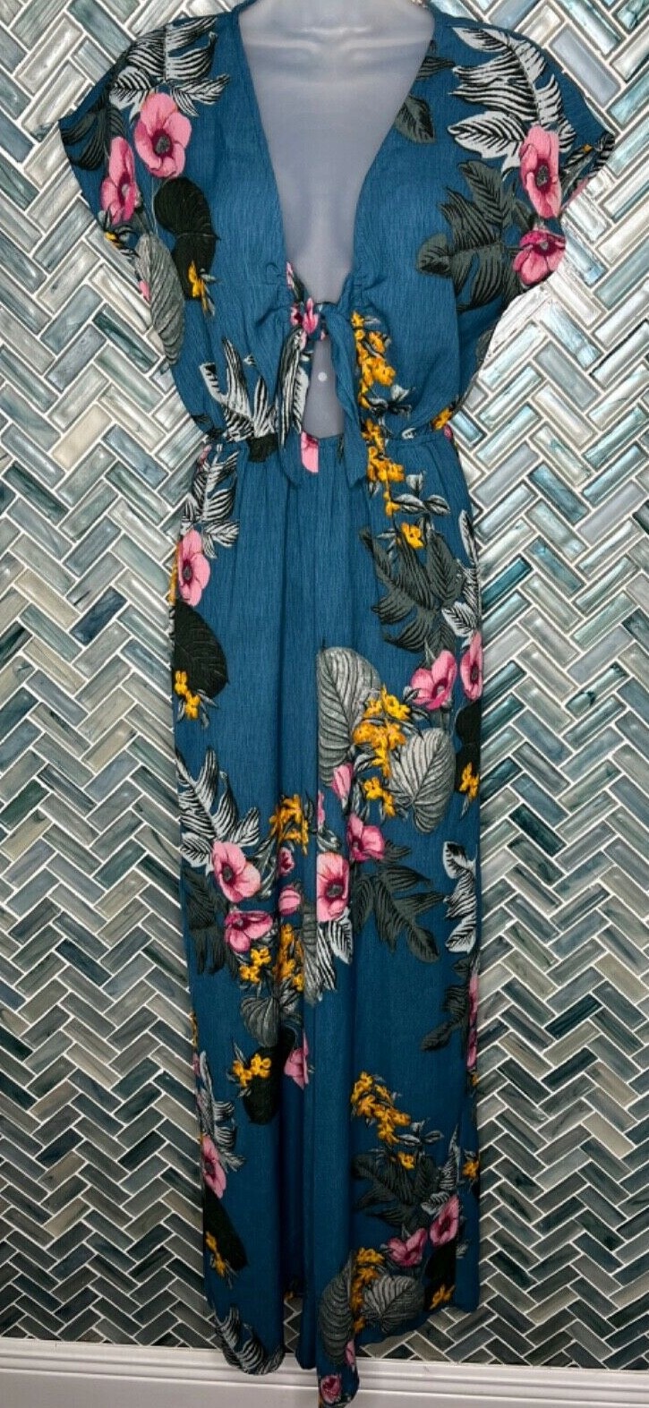 CHARLOTTE RUSSE DRK TEAL FLORAL TIE FRONT TROPICAL HIGH WAISTED JUMPER ROMPER XS