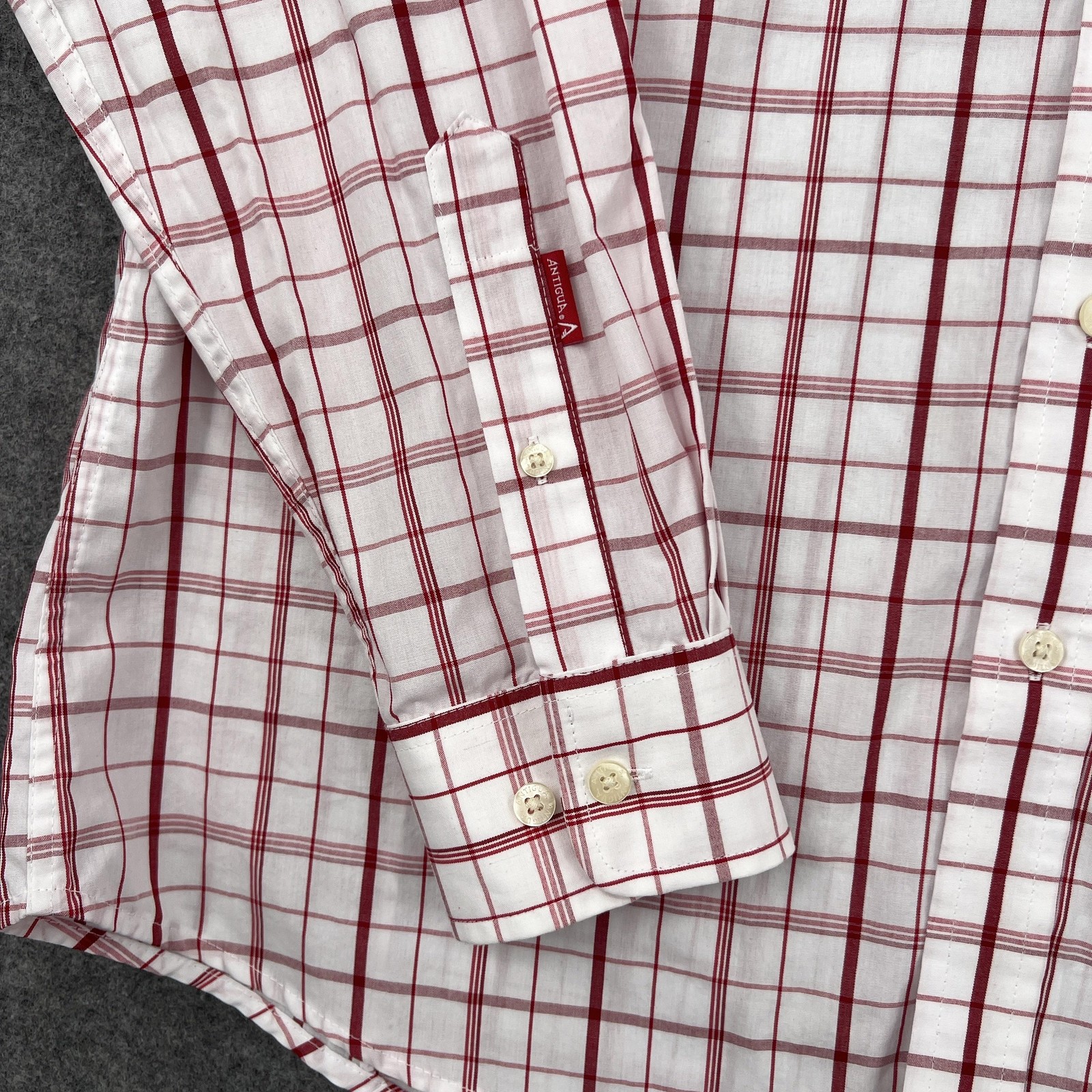 Antigua Button Down Shirt Mens Large White Plaid Long Sleeve Pocket Embroidered