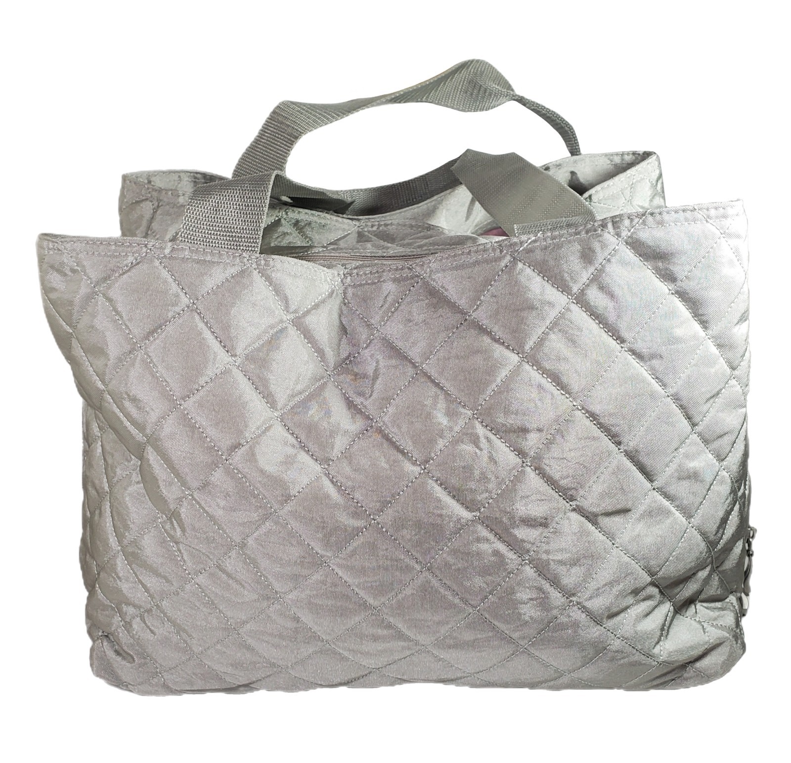 Baggallini Large Quilted Silver & Pink 3 Compartments Tote Travel Bag Purse New