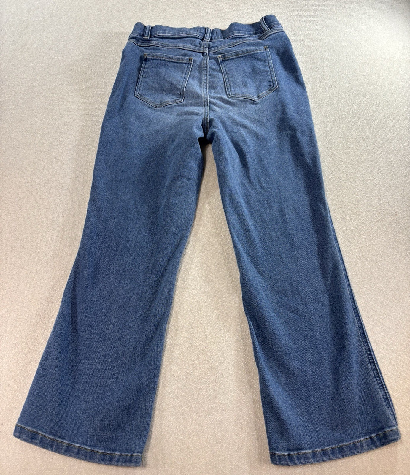 SPANX Flare Jeans Women’s Large Blue High Rise Stretch Denim Raw Hem 28×27