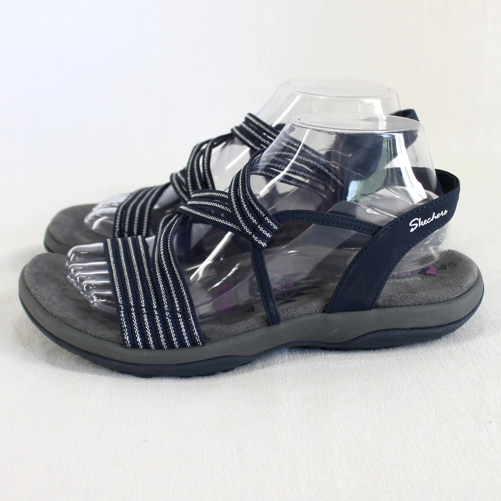 Skechers Reggae Slim Stretch Slinky Sandals Womens Size 9 Navy Silver Strappy