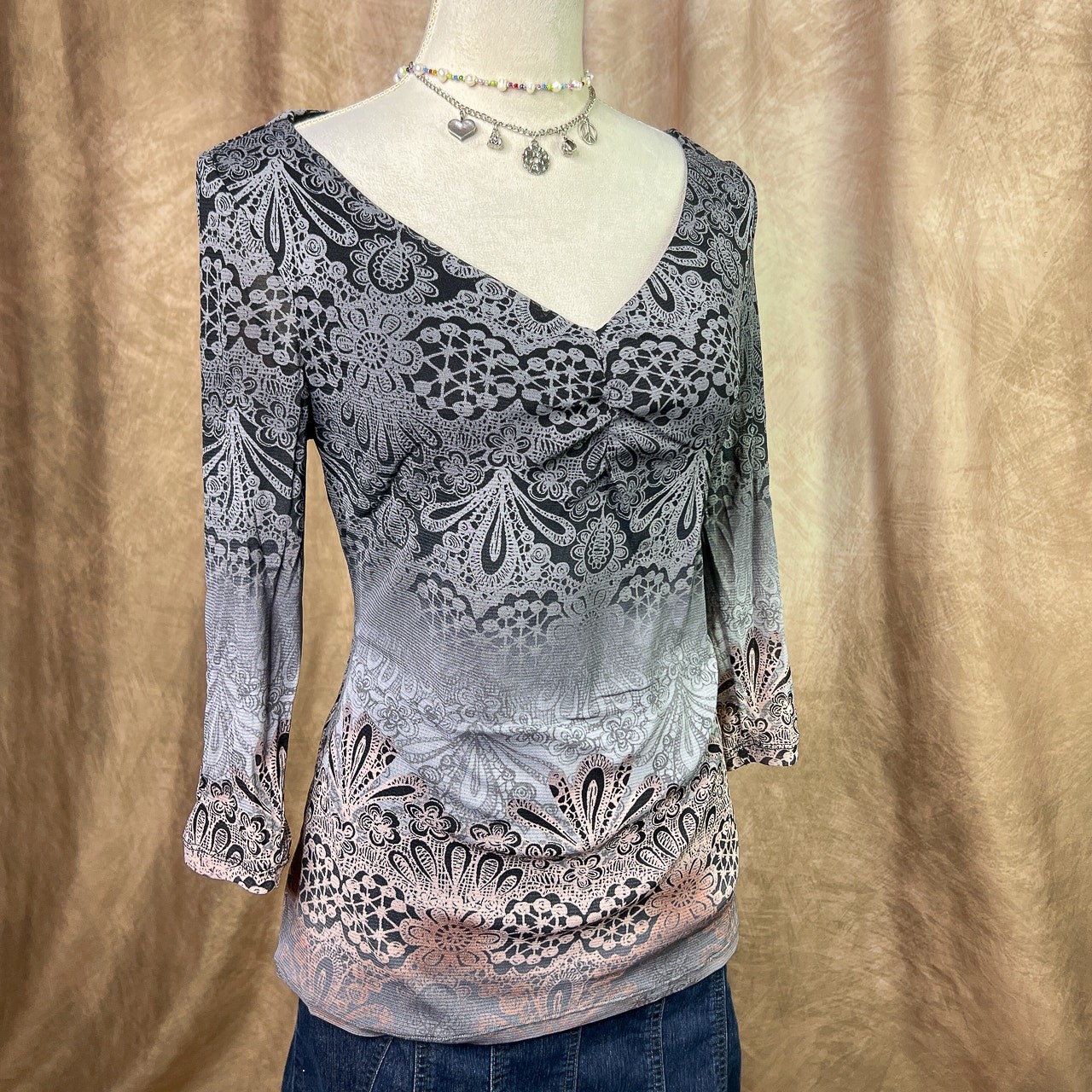 Y2K Boho Grunge Top Paisley Mesh Ombre Floral Cinched Front 3/4 Sleeve Indie