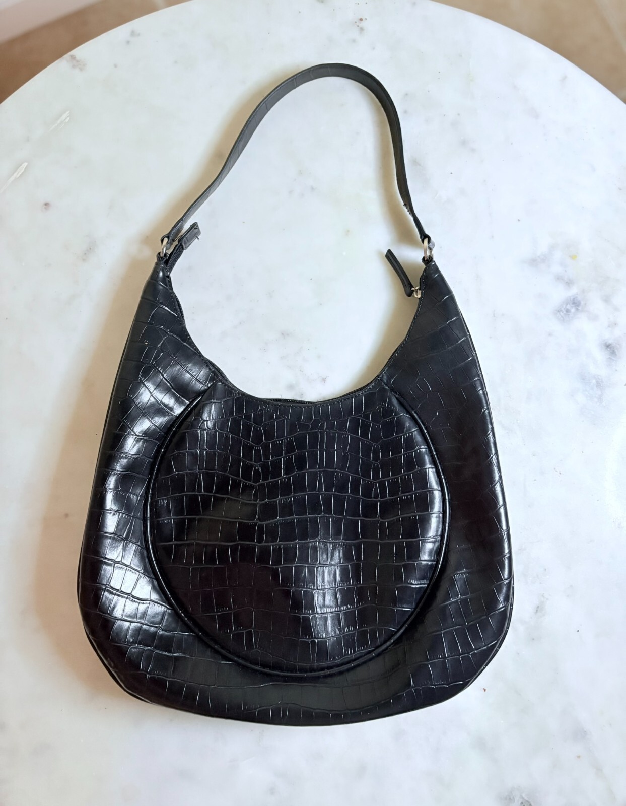 BRACCIOLINI Black Crocodile Embossed Handbag | Italian Saddlebag Purse