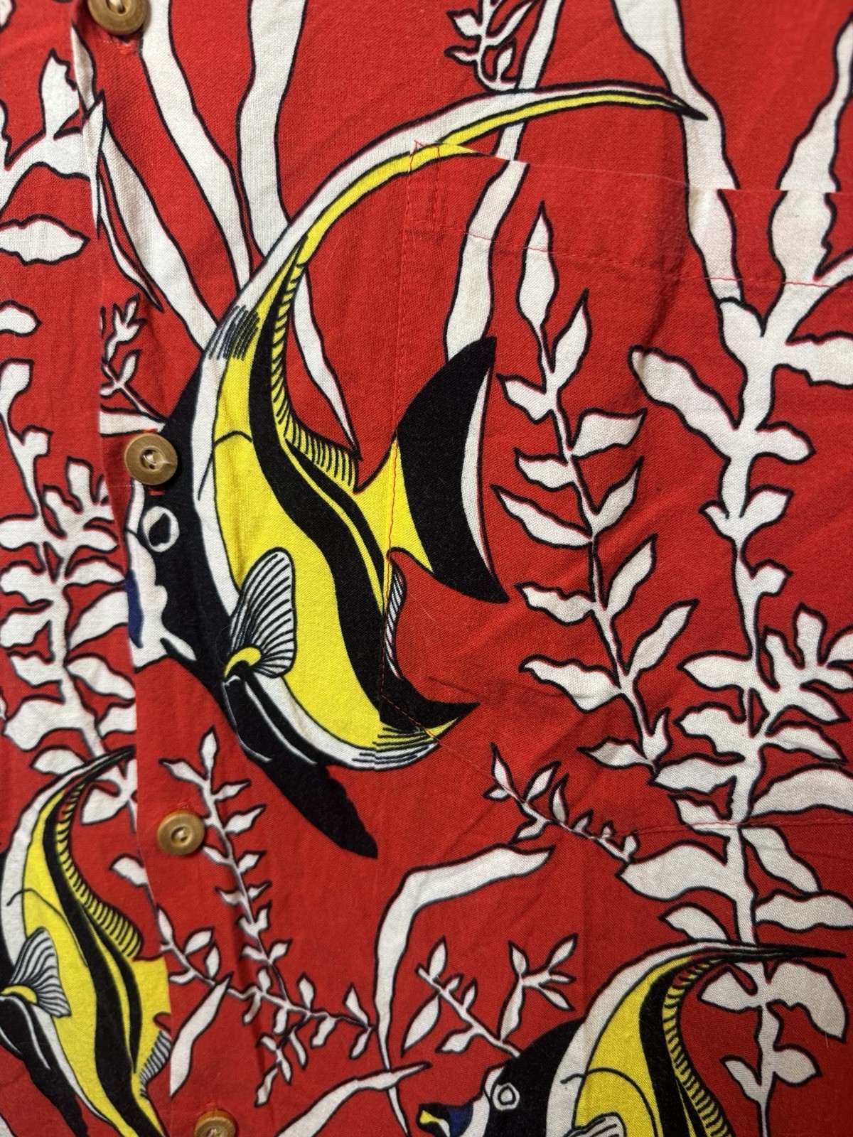 Paradise Found Men’s X Large Vintage Fish Hawaiian Aloha Shirt Red Button Down