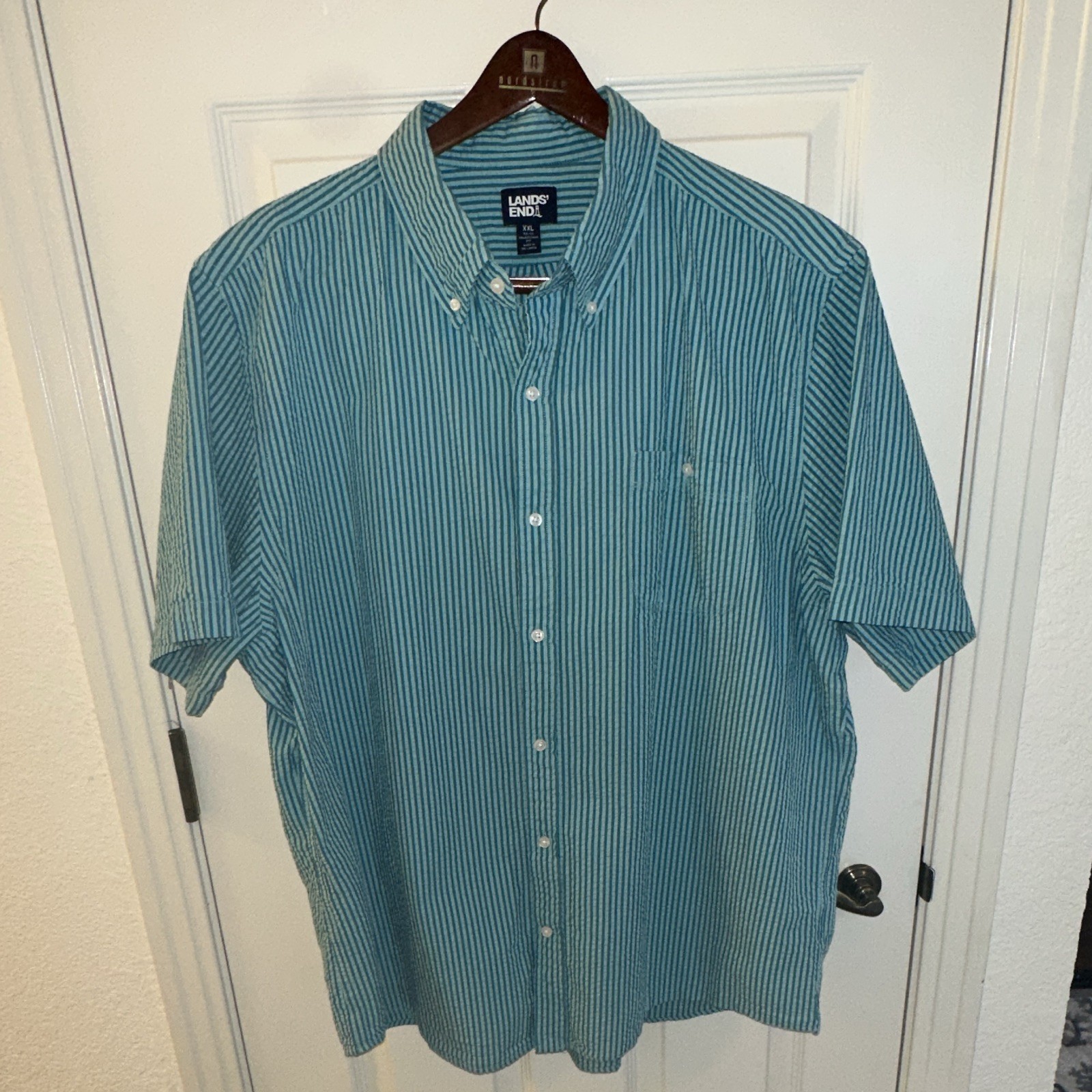 Lands End Men’s Green Striped Short Sleeve Seersucker Shirt Size 2XL