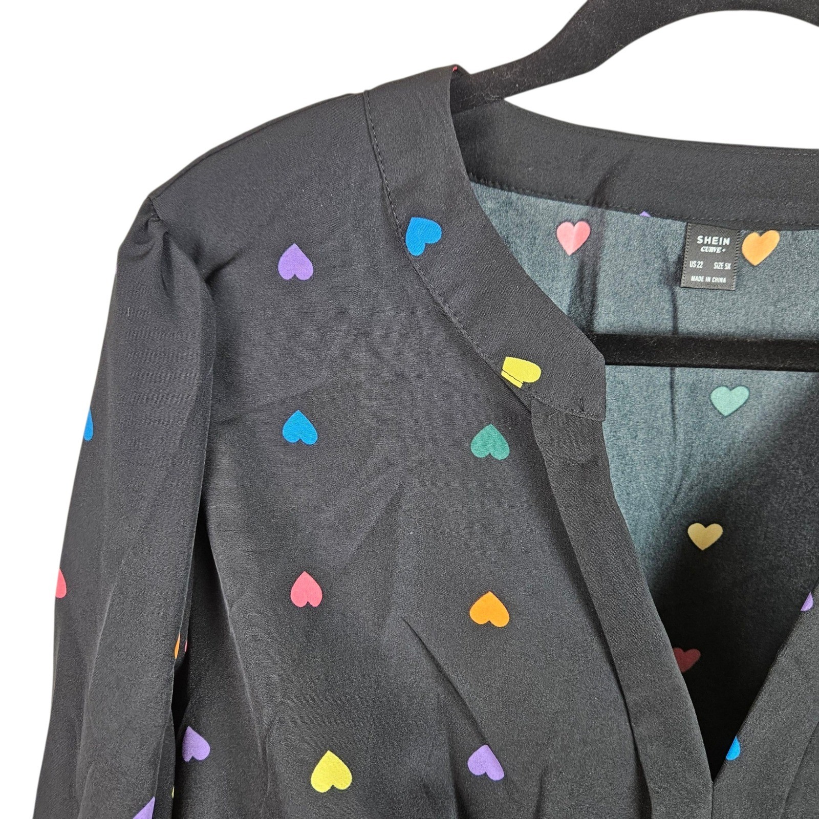 Shein Curve Plus Size 5X Blouse Heart Print Long Sleeve Black Multicolor Top