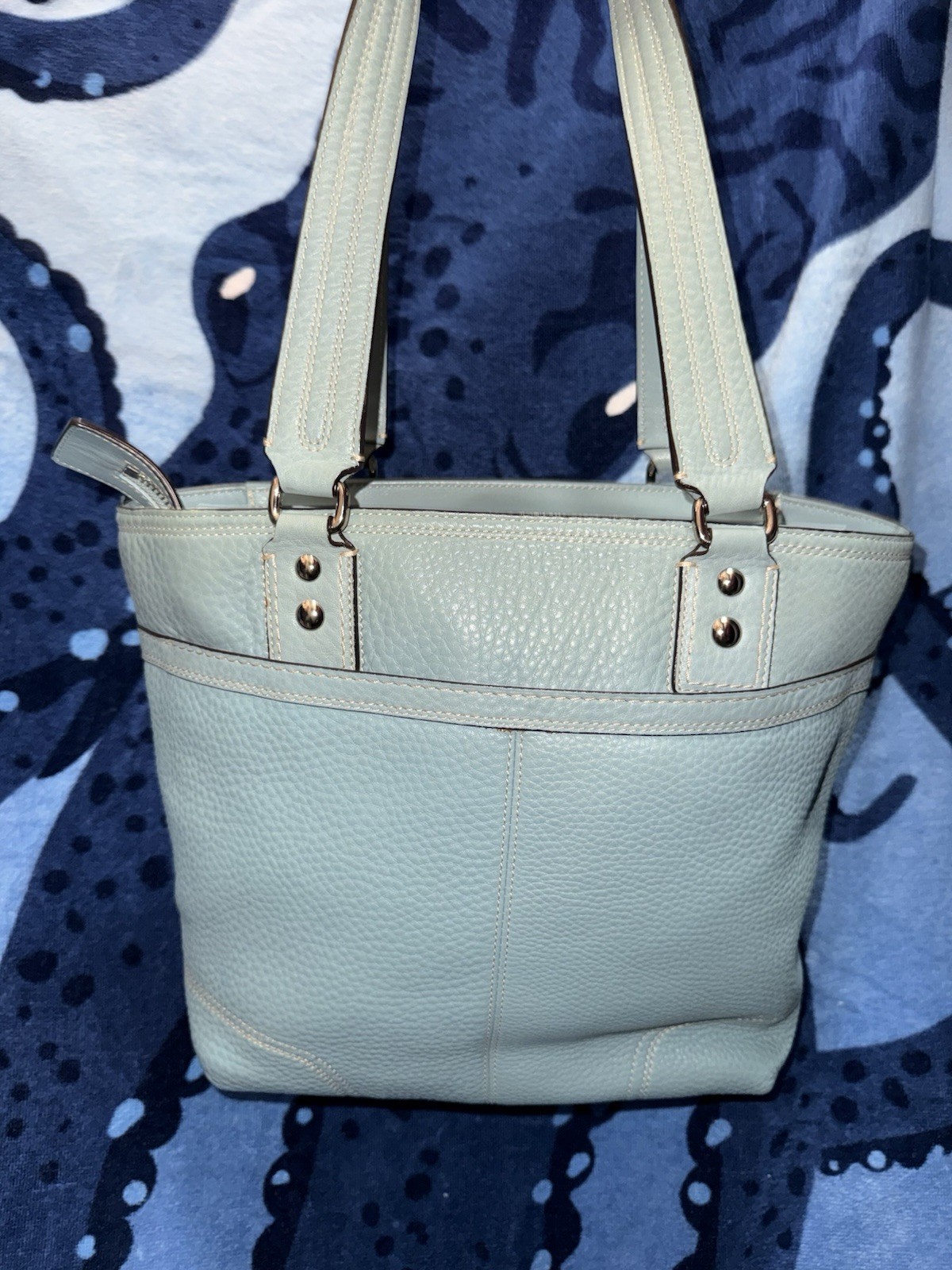 Coach Light Blue Pebbled Tote Zip Top Turn Lock Pink Lining, Charm, Medium