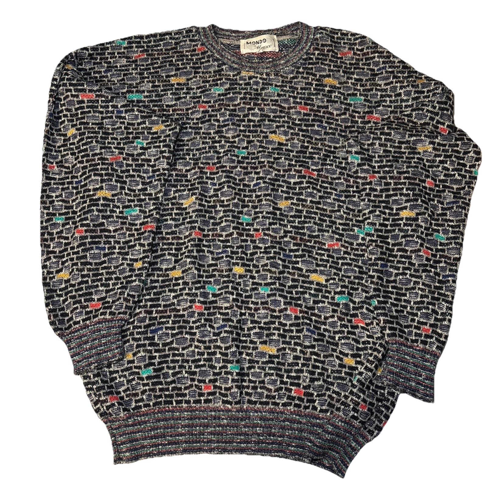 Mondo di Marco Sweater Mens Large Black Brick Colorful Knit Made Italy Vintage
