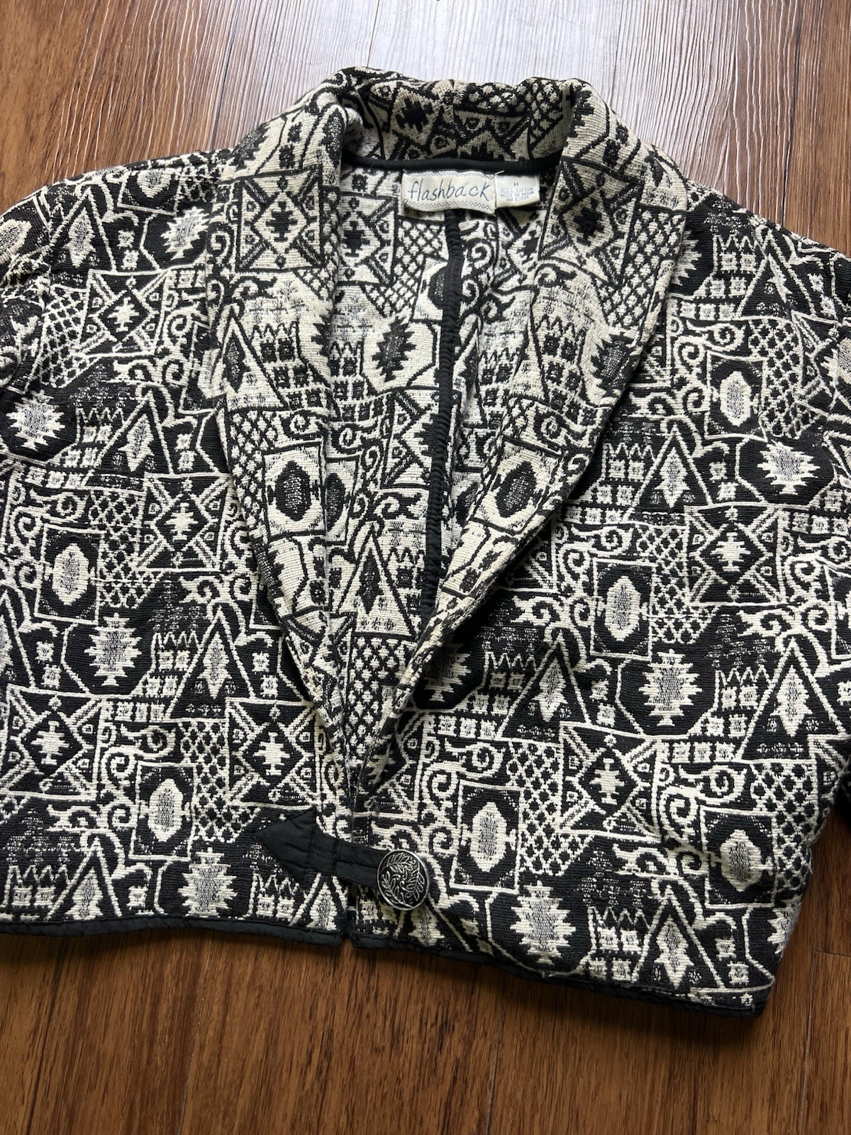 Vintage Flashback Tapestry Jacket Womens Medium Cropped Abstract Boho Cardigan