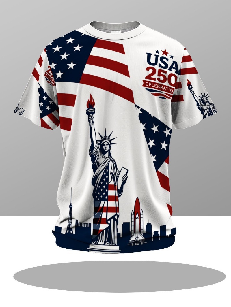 3D digital printing crew neck T-shirt,USA 250 flag anniversry short sleeves
