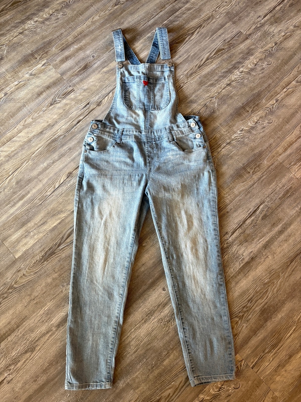WallFlower Denim Overalls Size Large – Light Wash Red Heart Detail