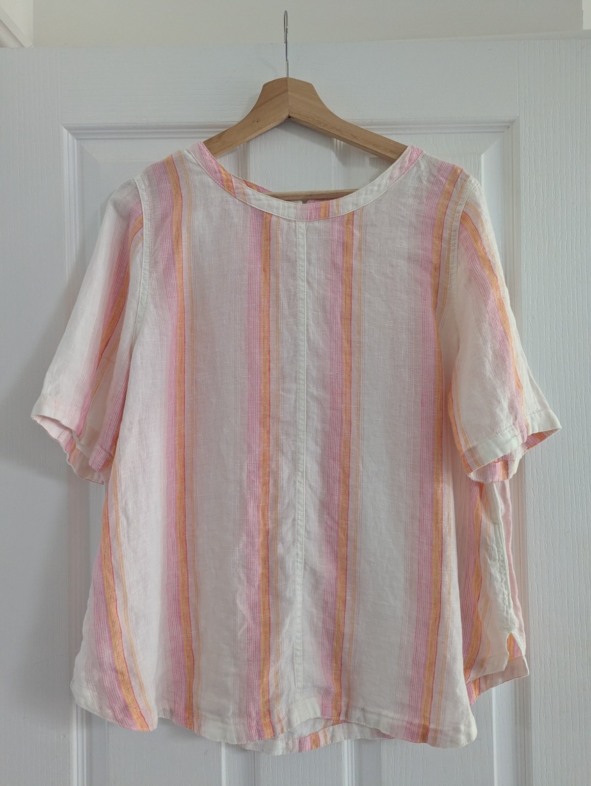 M&S Women’s Striped Blouse 100% Linen Pink White Size 16 Lagenlook Short Sleeved