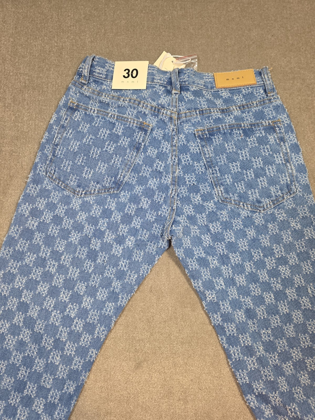 MNML Men Jean 30X32 Blue Denim Monogram Print 100% Cotton NWT