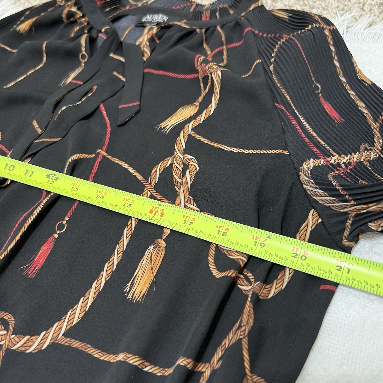 Lauren Ralph Lauren Black Tassel-Print Georgette Tie Neck Midi Dress Size 14