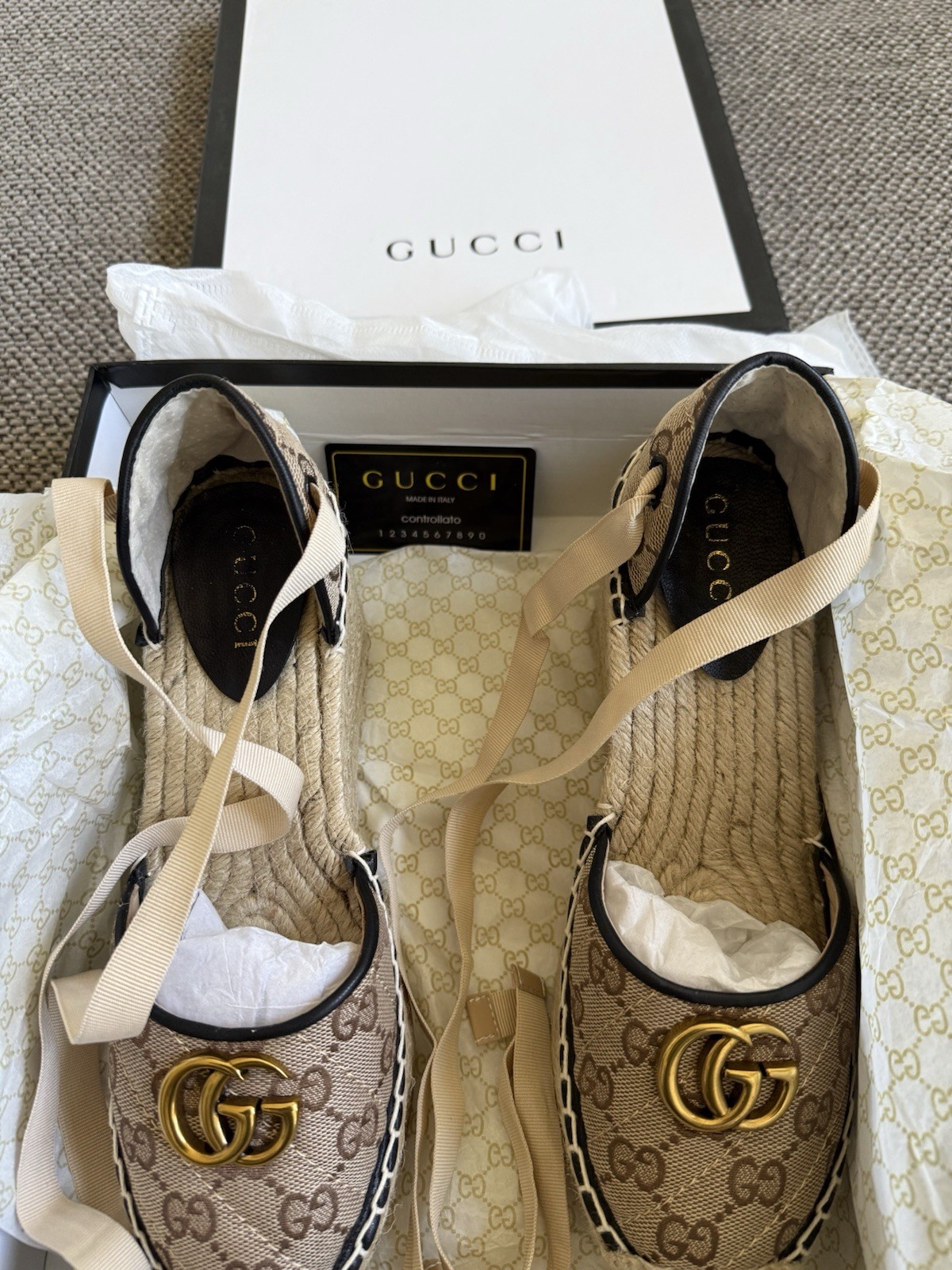 Gucci GG Marmont Canvas Ankle-Tie Platform Espadrille Wedges Size 39 / US 8.5