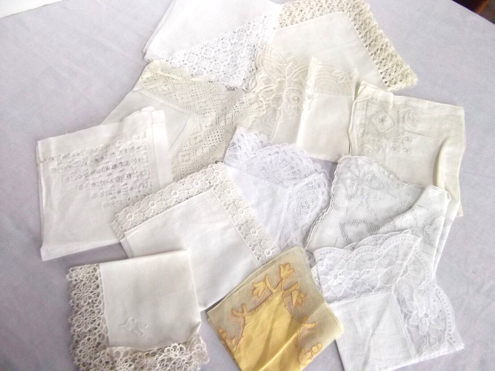 vtg lot 12 antique hanky lace cut out tatted Brussels point de gaze Wedding