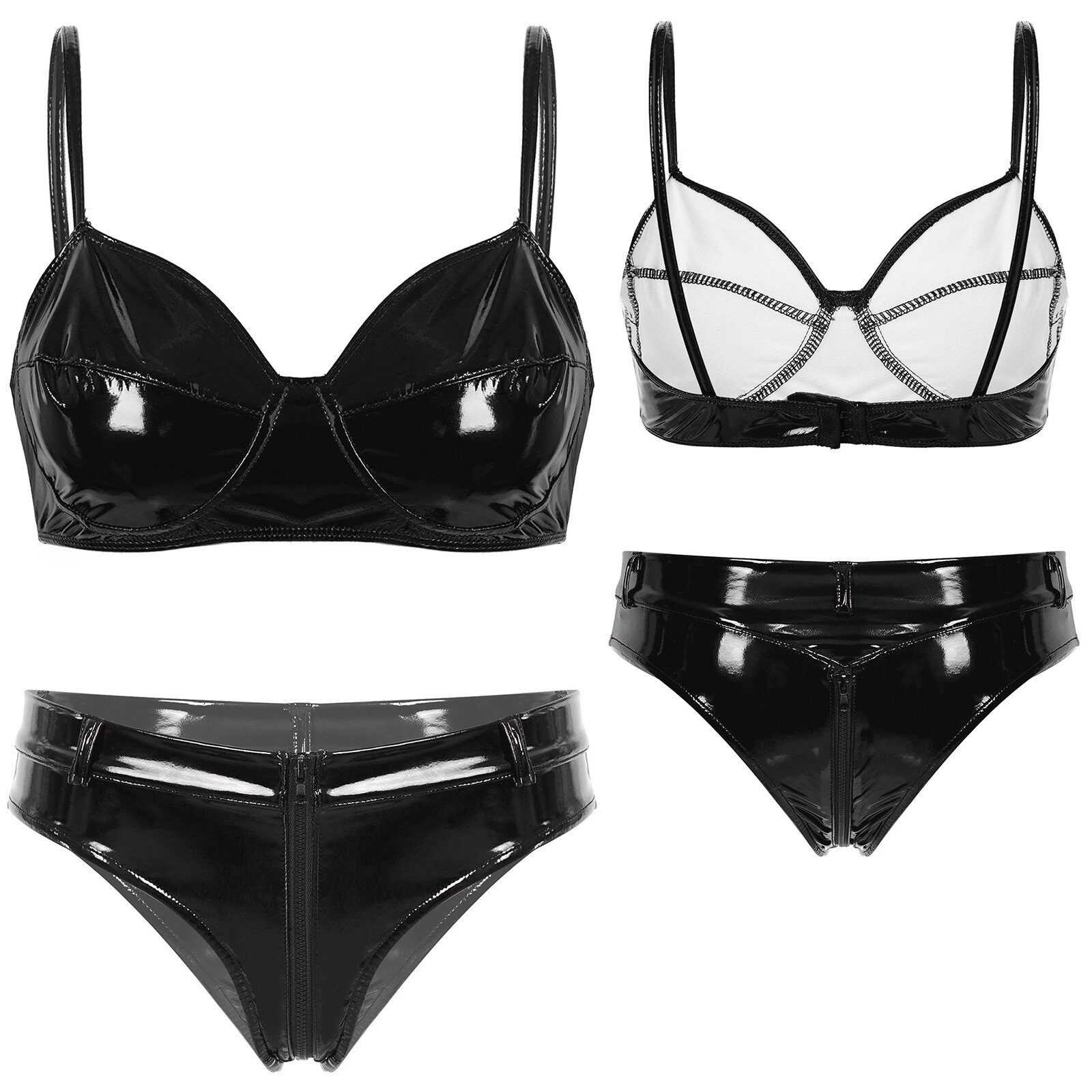 US Women’s PVC Leather Lingerie Set Wire-free No Pad Bra Top with Zipper Briefs